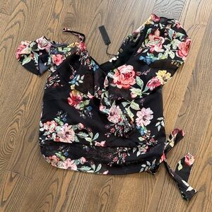 Buffalo David Bitton Black Floral One-Shoulder Ruffle Top